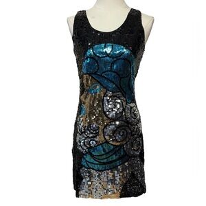 Suu Elaine Art Deco Sequin Mini Dress Black Blue Silver Size Small